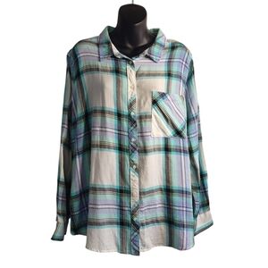 Arizona Jean Co Women's Green White Plaid Button Down Cotton Shirt Size XL